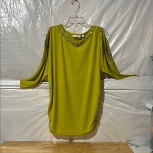 Susan Graver Lime Green Sequin Cold Shoulder top